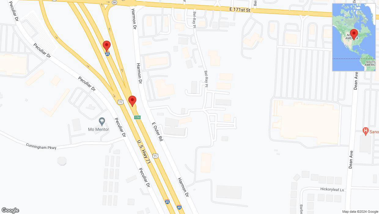 A detailed map that shows the affected road due to 'Broken down vehicle on northbound I-40/US-71 in Belton' on August 19th at 8:57 p.m.