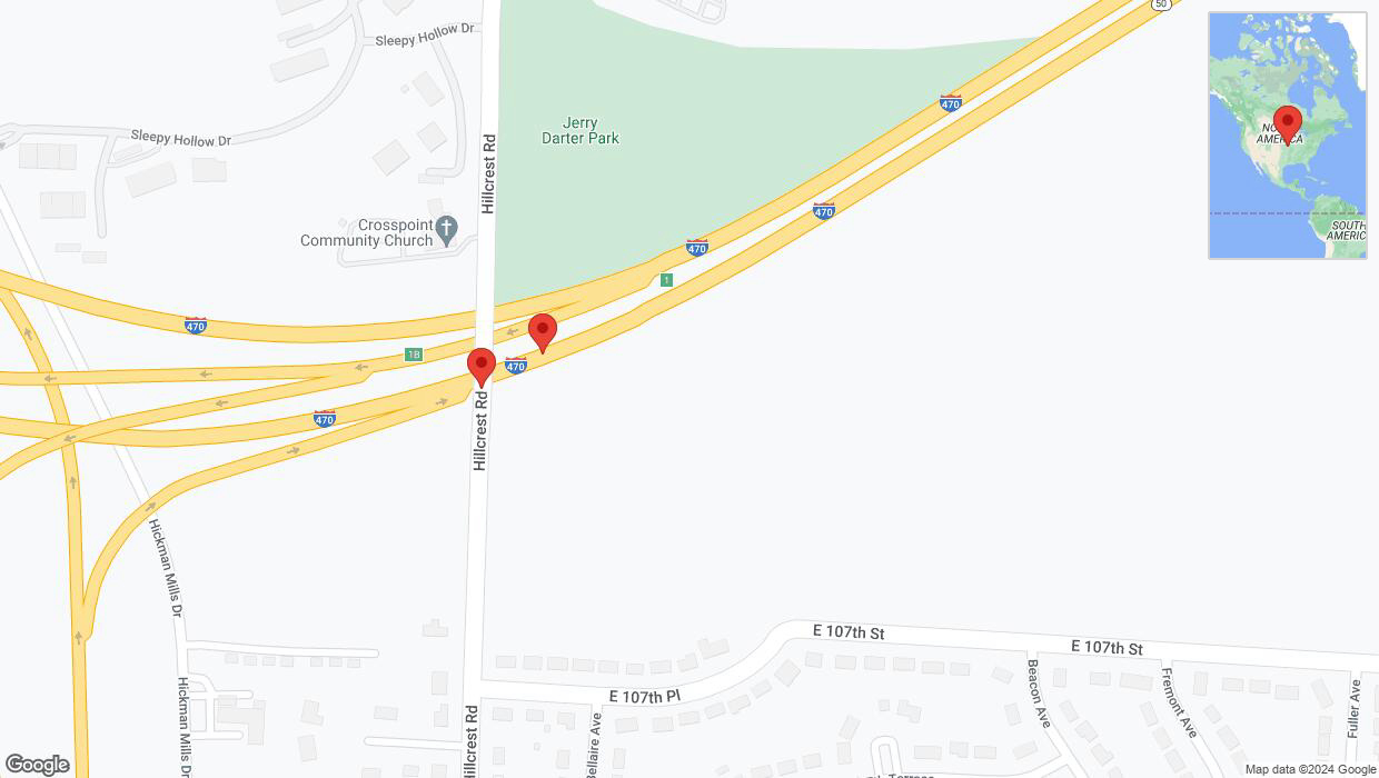 A detailed map that shows the affected road due to 'Broken down vehicle on Hillcrest Road in Kansas City' on August 19th at 7:09 p.m.