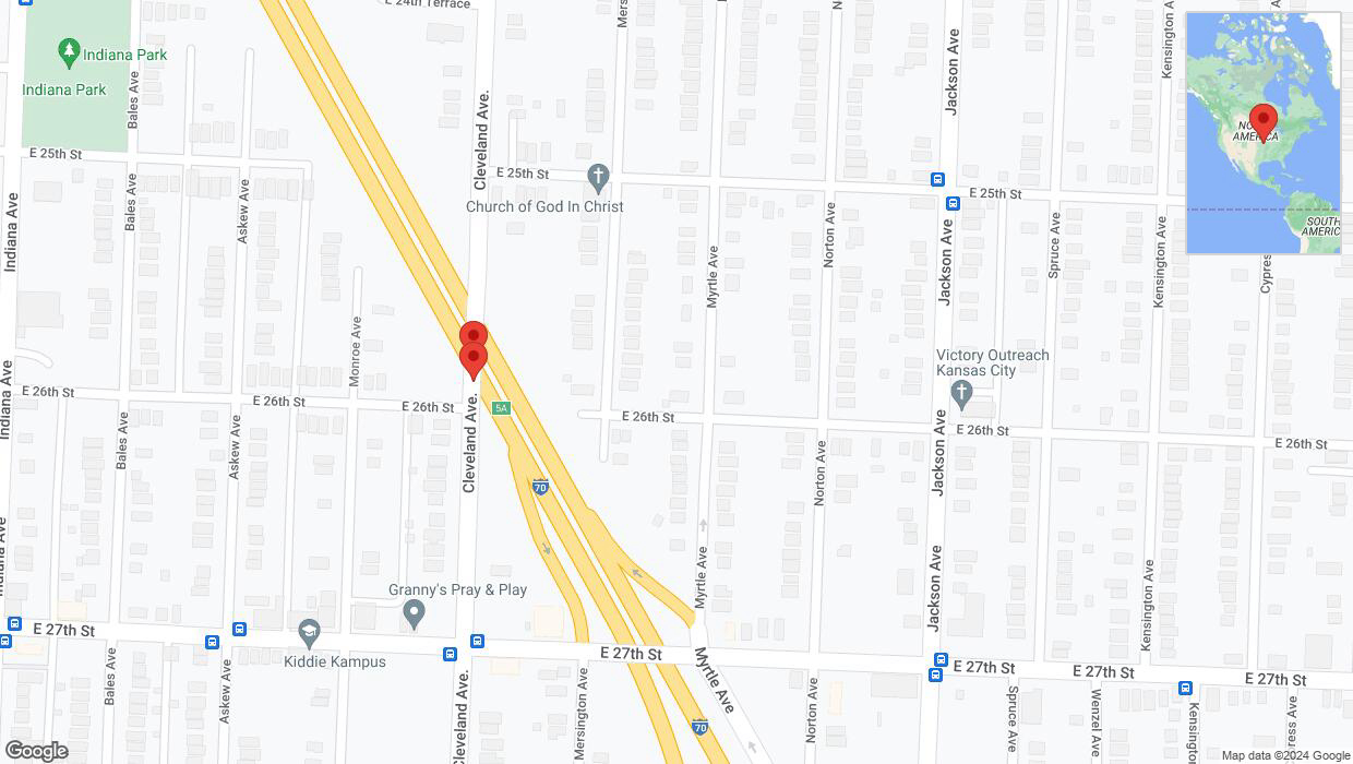 A detailed map that shows the affected road due to 'Broken down vehicle on Cleveland Avenue in Kansas City' on August 19th at 8:51 p.m.