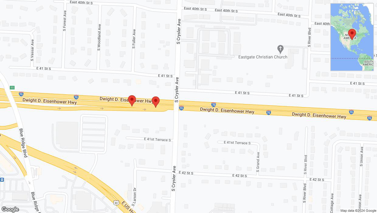 A detailed map that shows the affected road due to 'Broken down vehicle on eastbound I-70 in Independence' on August 19th at 9:27 p.m.