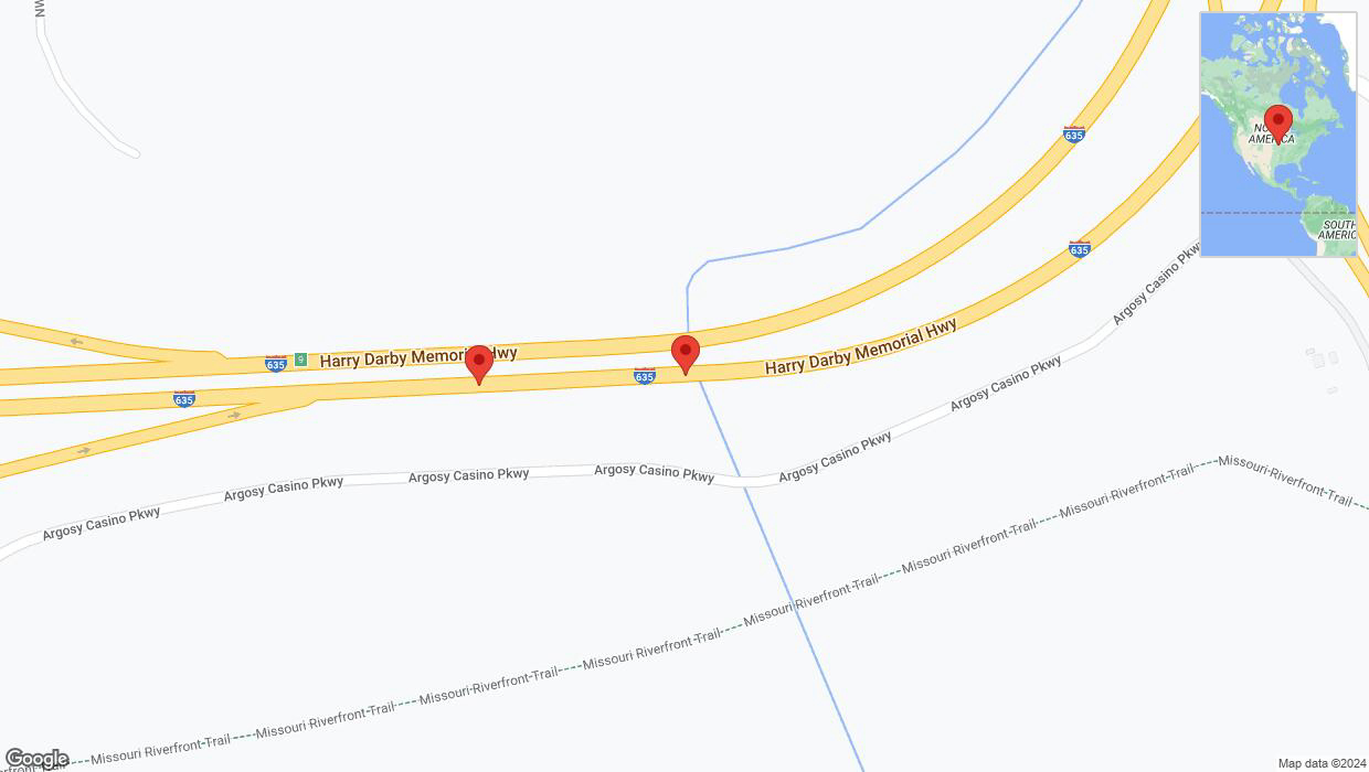 A detailed map that shows the affected road due to 'Broken down vehicle on northbound I-635 in Riverside' on August 19th at 8:33 p.m.