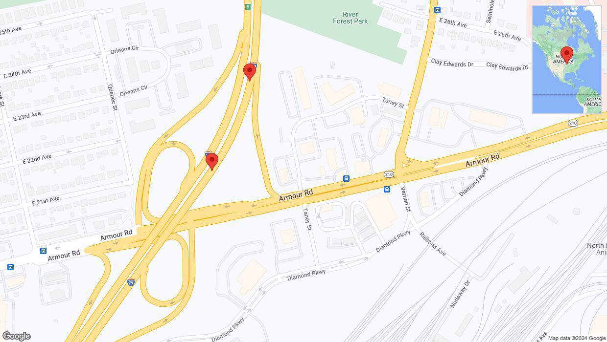 A detailed map that shows the affected road due to 'Broken down vehicle on northbound I-29/I-35 in North Kansas City' on August 19th at 8:57 p.m.