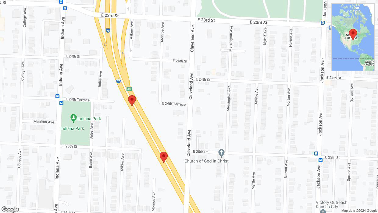 A detailed map that shows the affected road due to 'Broken down vehicle on eastbound I-70 in Kansas City' on August 19th at 9:33 p.m.