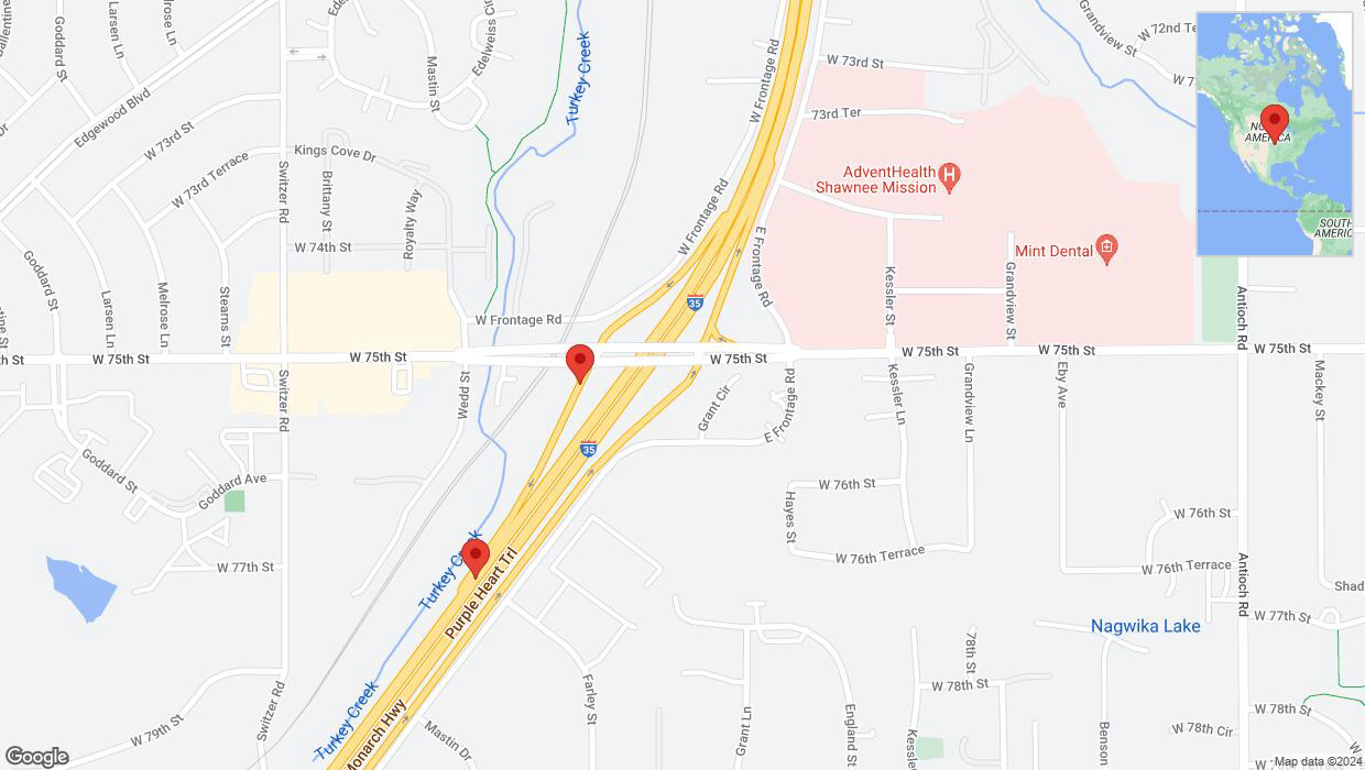 A detailed map that shows the affected road due to 'West 75th Street closed in Merriam' on August 19th at 9:27 p.m.