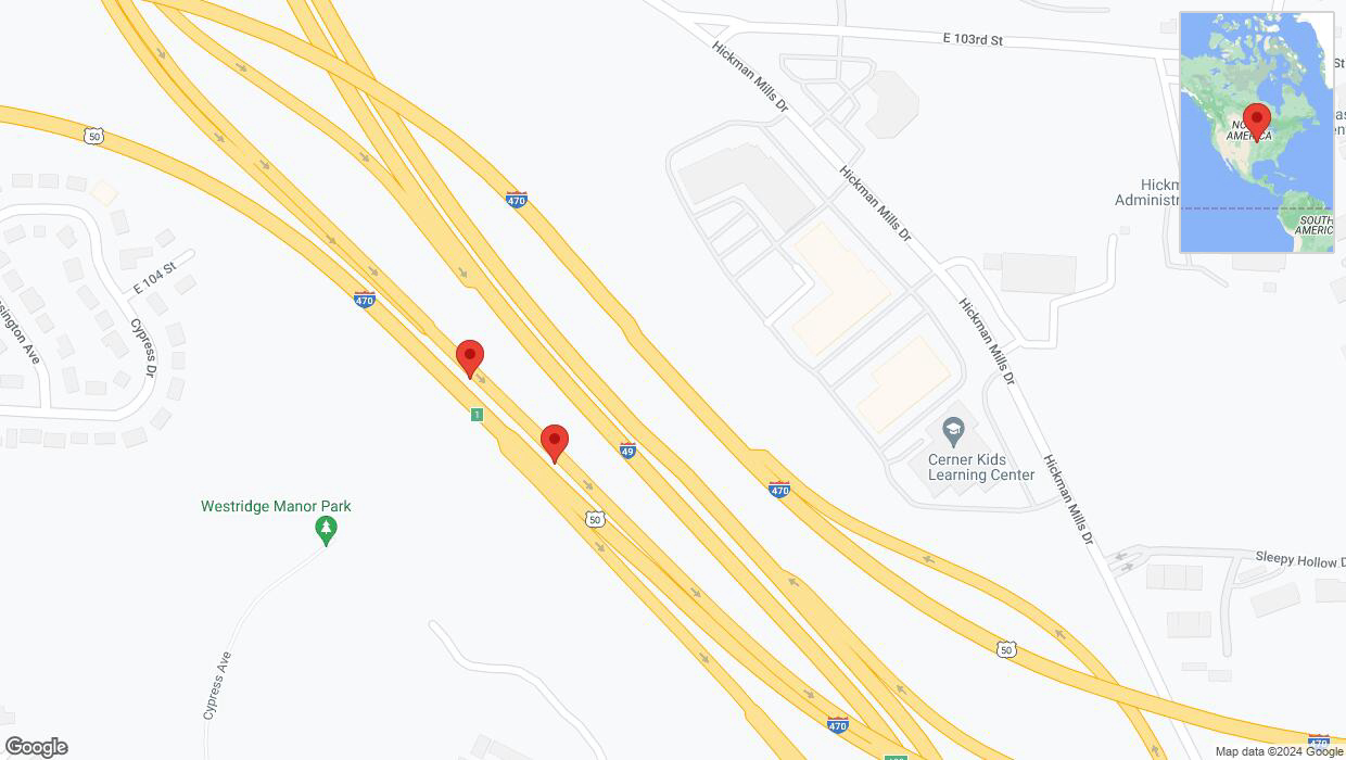 A detailed map that shows the affected road due to 'Broken down vehicle on U.S. 50 in Kansas City' on August 19th at 10:27 p.m.