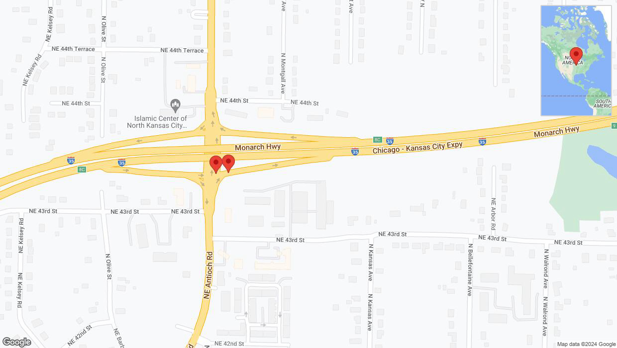 A detailed map that shows the affected road due to 'Broken down vehicle on Northeast Antioch Road in Kansas City' on August 19th at 11:09 p.m.