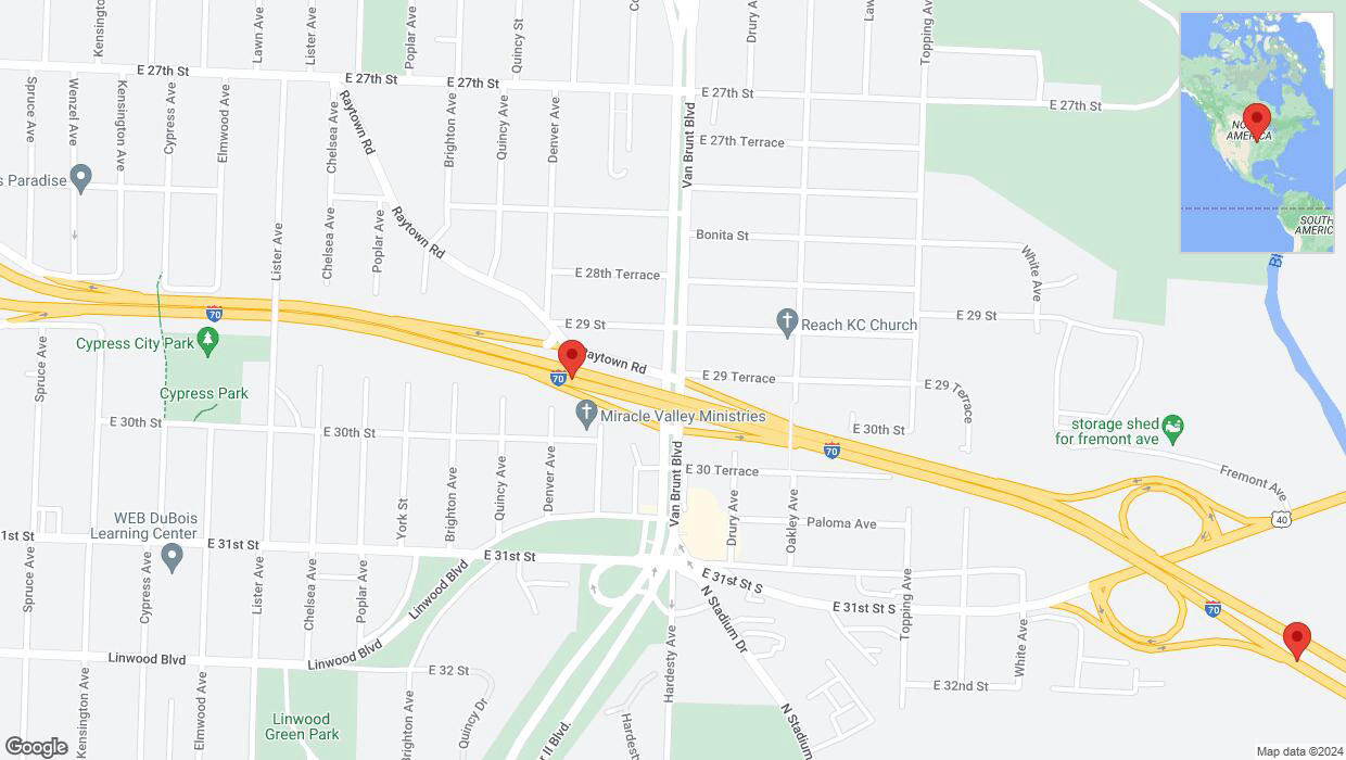 A detailed map that shows the affected road due to 'Warning in Kansas City: Crash reported on eastbound I-70' on August 20th at 12:24 p.m.