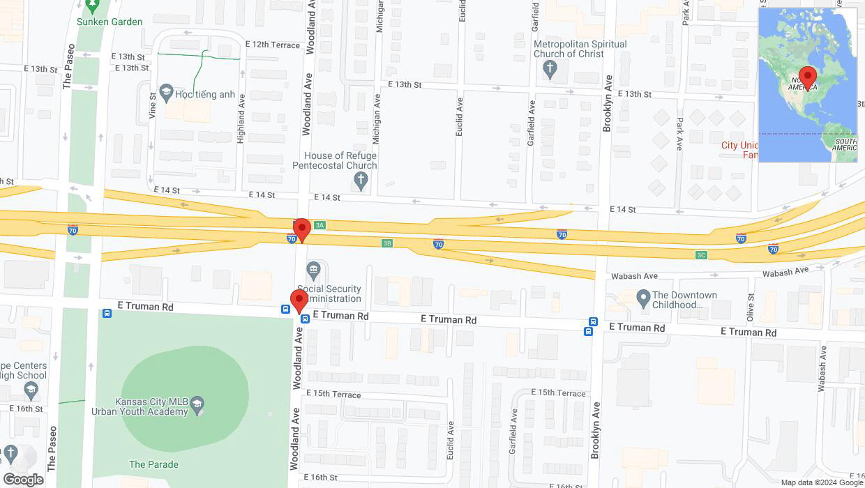 A detailed map that shows the affected road due to 'Kansas City: East Truman Road closed' on August 20th at 1:48 p.m.