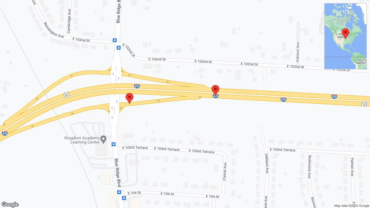 A detailed map that shows the affected road due to 'Broken down vehicle on Blue Ridge Boulevard in Kansas City' on August 20th at 2:36 p.m.