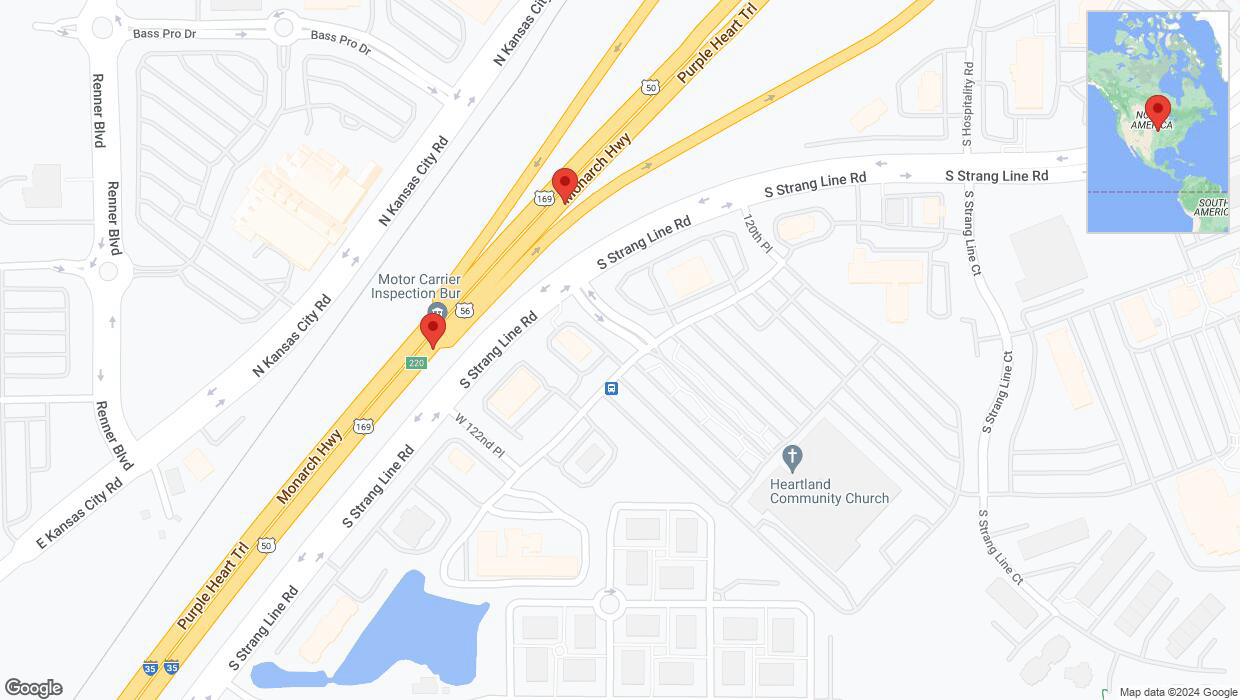 A detailed map that shows the affected road due to 'Broken down vehicle on eastbound I-35 in Olathe' on August 20th at 3:42 p.m.