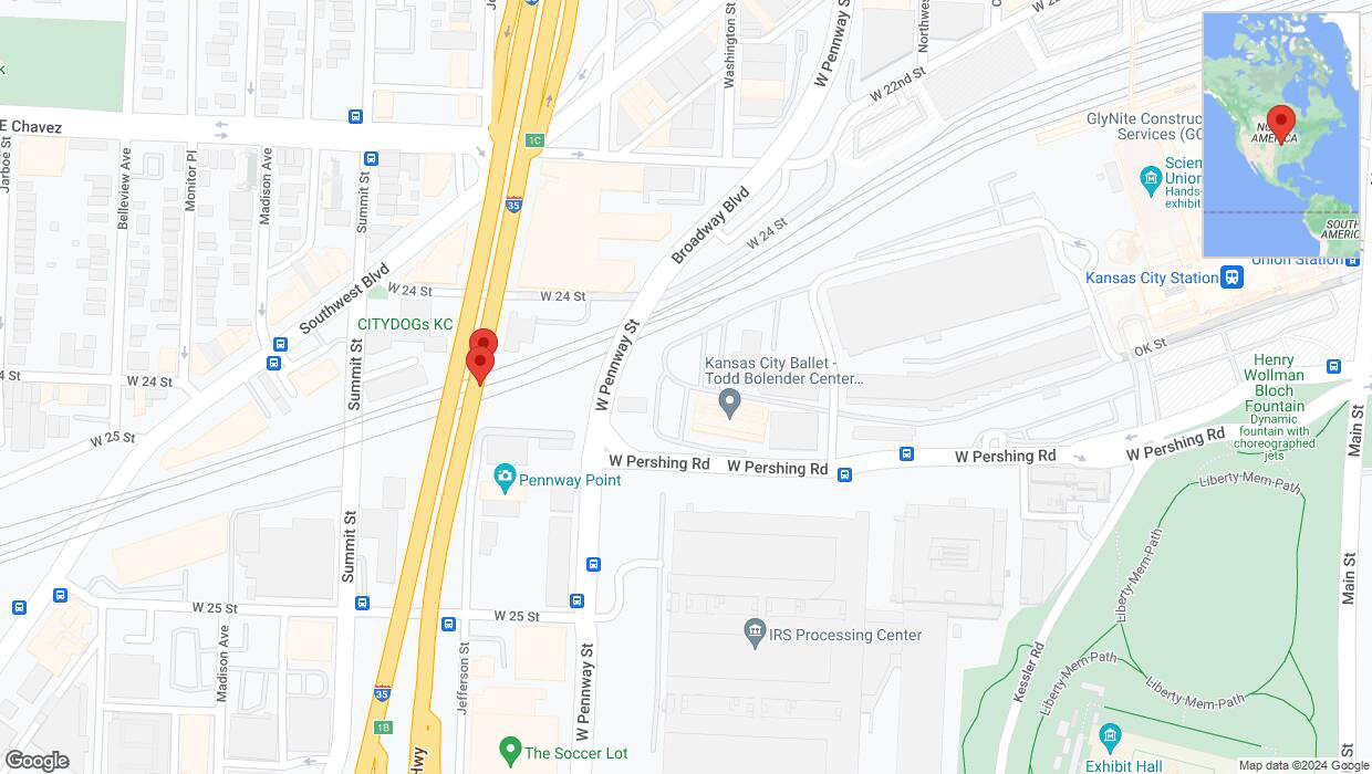 A detailed map that shows the affected road due to 'Broken down vehicle on northbound I-35 in Kansas City' on August 20th at 2:48 p.m.