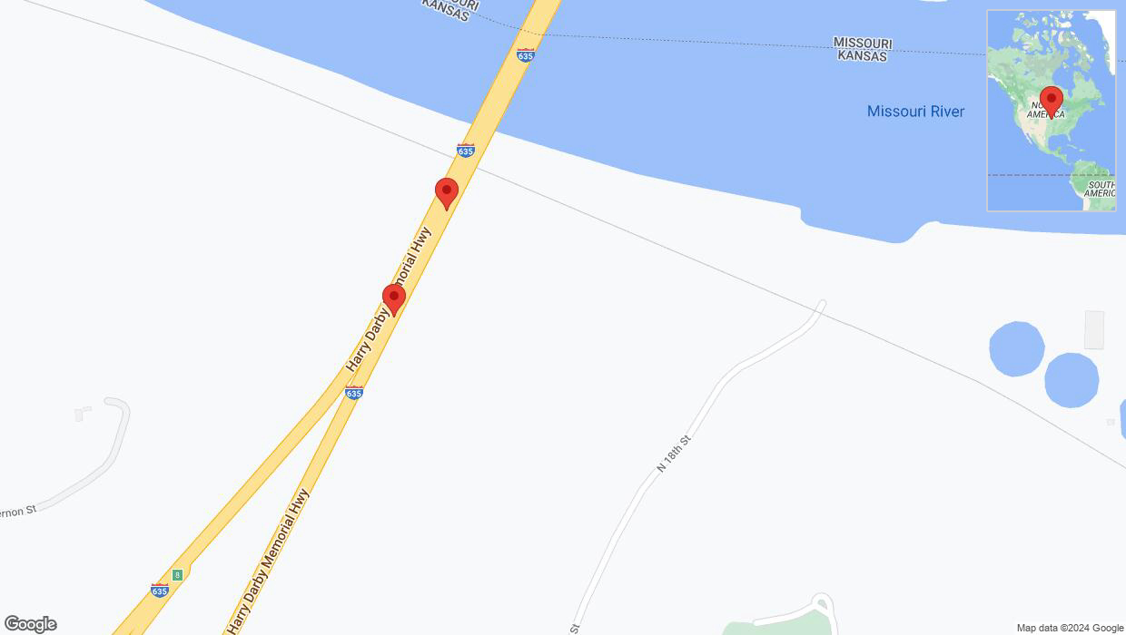 A detailed map that shows the affected road due to 'Broken down vehicle on northbound I-635 in Kansas City' on August 20th at 5:36 p.m.