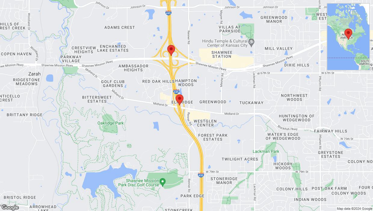 A detailed map that shows the affected road due to 'Crash reported on northbound I-435 in Shawnee' on August 20th at 4:06 p.m.