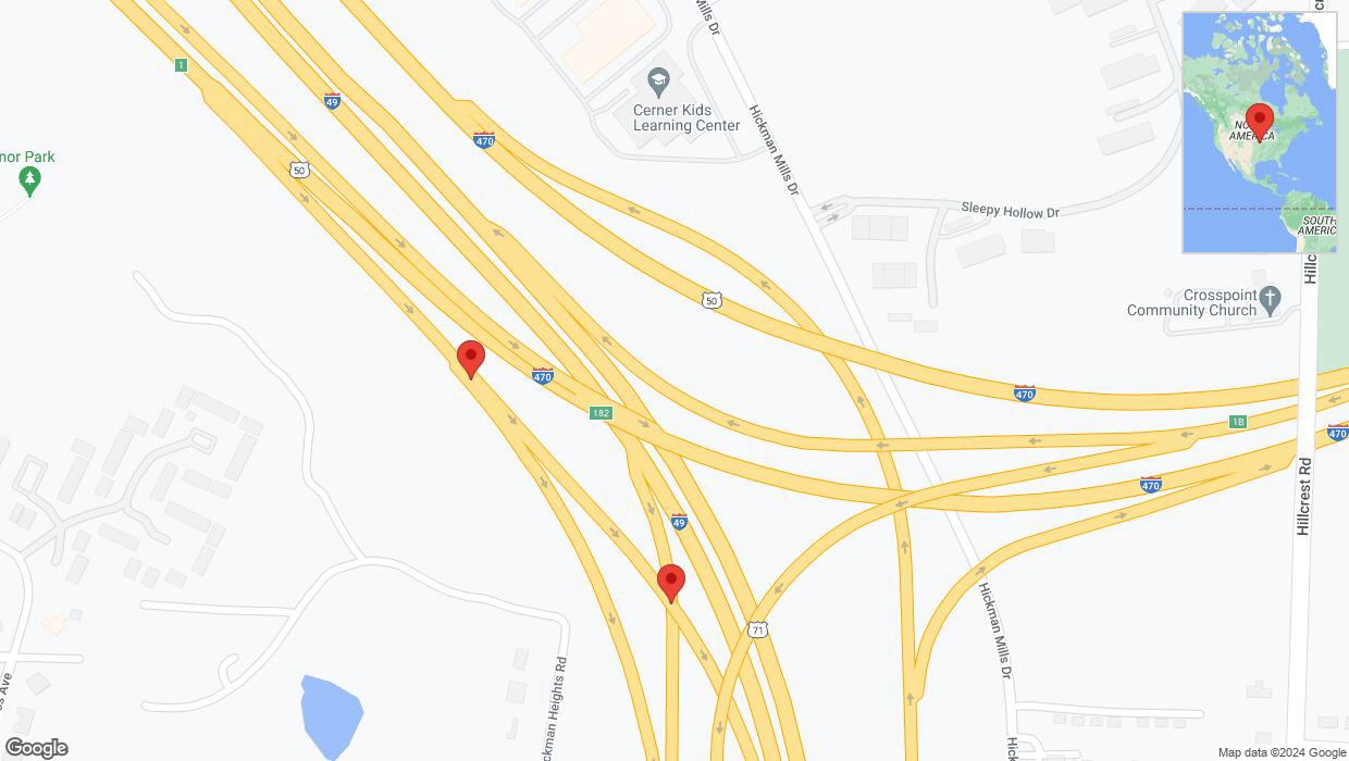 A detailed map that shows the affected road due to 'Broken down vehicle on U.S. 50 in Kansas City' on August 20th at 6 p.m.