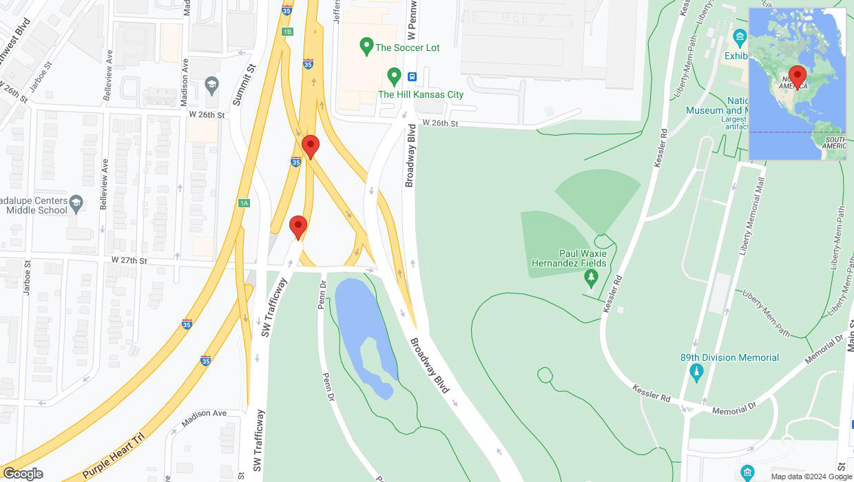 A detailed map that shows the affected road due to 'Warning in Kansas City: Crash reported on West 27th Street' on August 20th at 4:18 p.m.