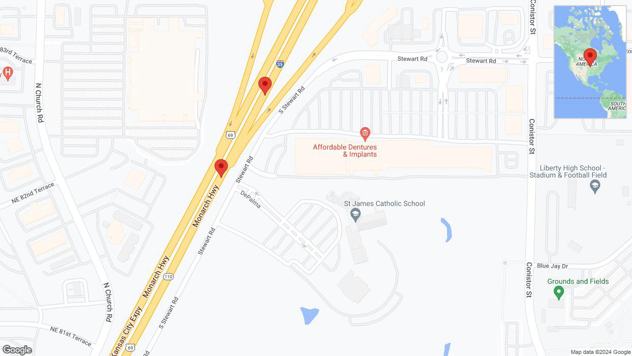 A detailed map that shows the affected road due to 'Broken down vehicle on northbound I-35 in Liberty' on August 20th at 5:42 p.m.