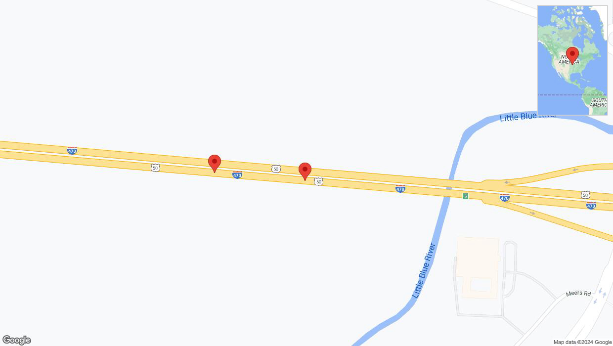 A detailed map that shows the affected road due to 'Broken down vehicle on eastbound I-470 in Kansas City' on August 20th at 6:06 p.m.