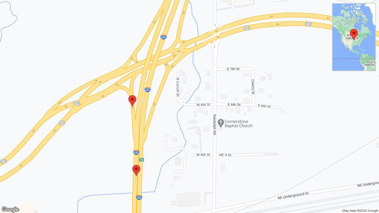 A detailed map that shows the affected road due to 'Broken down vehicle on Interstate 435 in Randolph' on August 20th at 9:30 p.m.