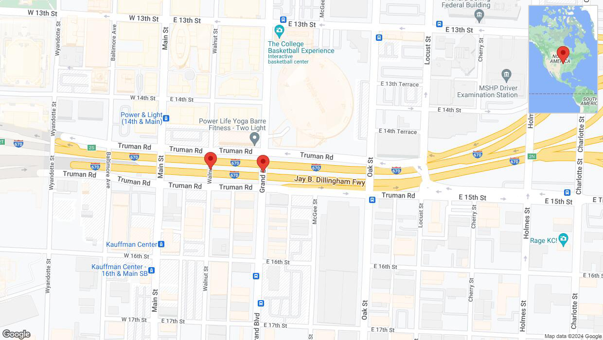 A detailed map that shows the affected road due to 'Broken down vehicle on eastbound I-670 in Kansas City' on August 20th at 9:42 p.m.