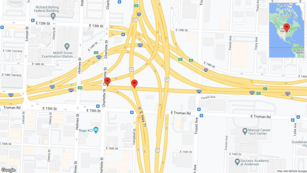 A detailed map that shows the affected road due to 'Broken down vehicle on eastbound I-670 in Kansas City' on August 20th at 9:42 p.m.