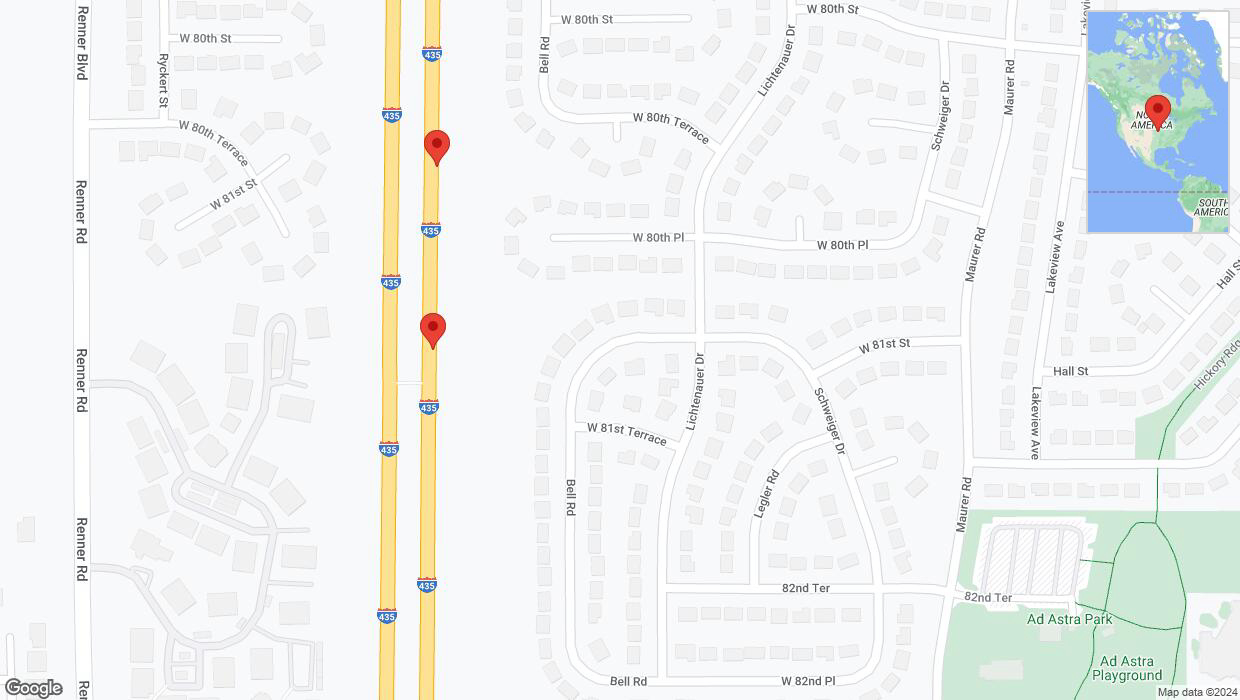 A detailed map that shows the affected road due to 'Broken down vehicle on northbound I-435 in Lenexa' on August 20th at 11:30 p.m.