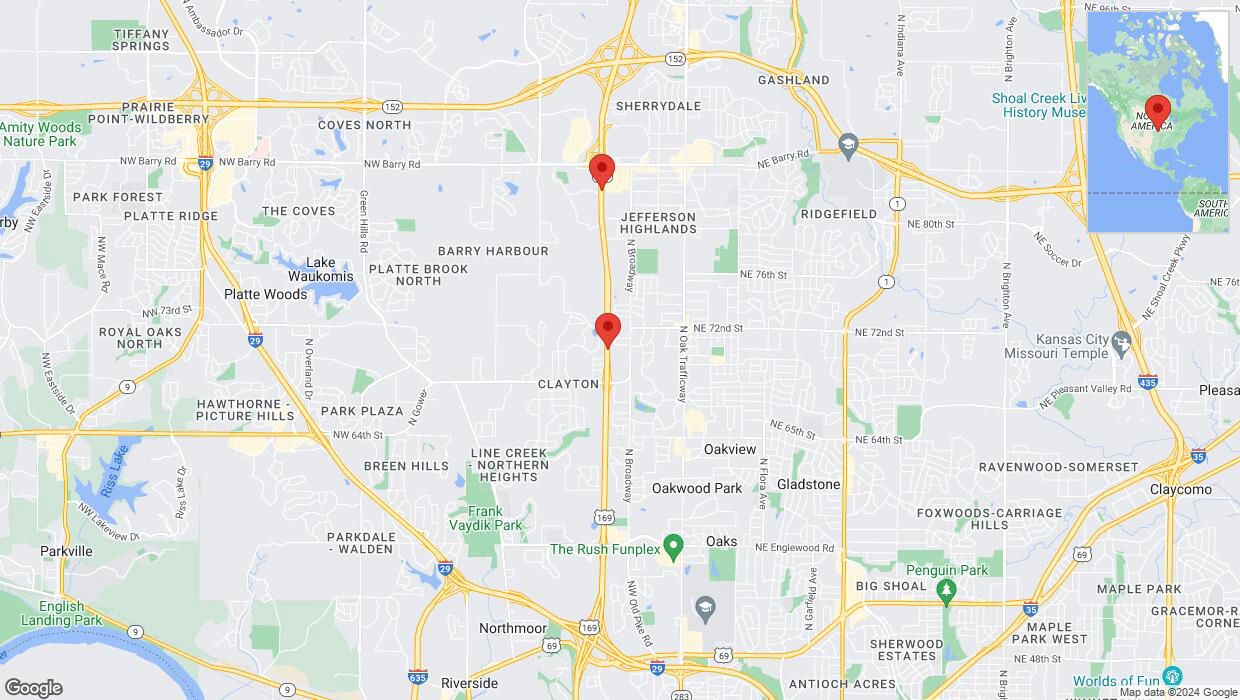 A detailed map that shows the affected road due to 'Kansas City: US-169 temporarily closed' on August 21st at 1:05 p.m.