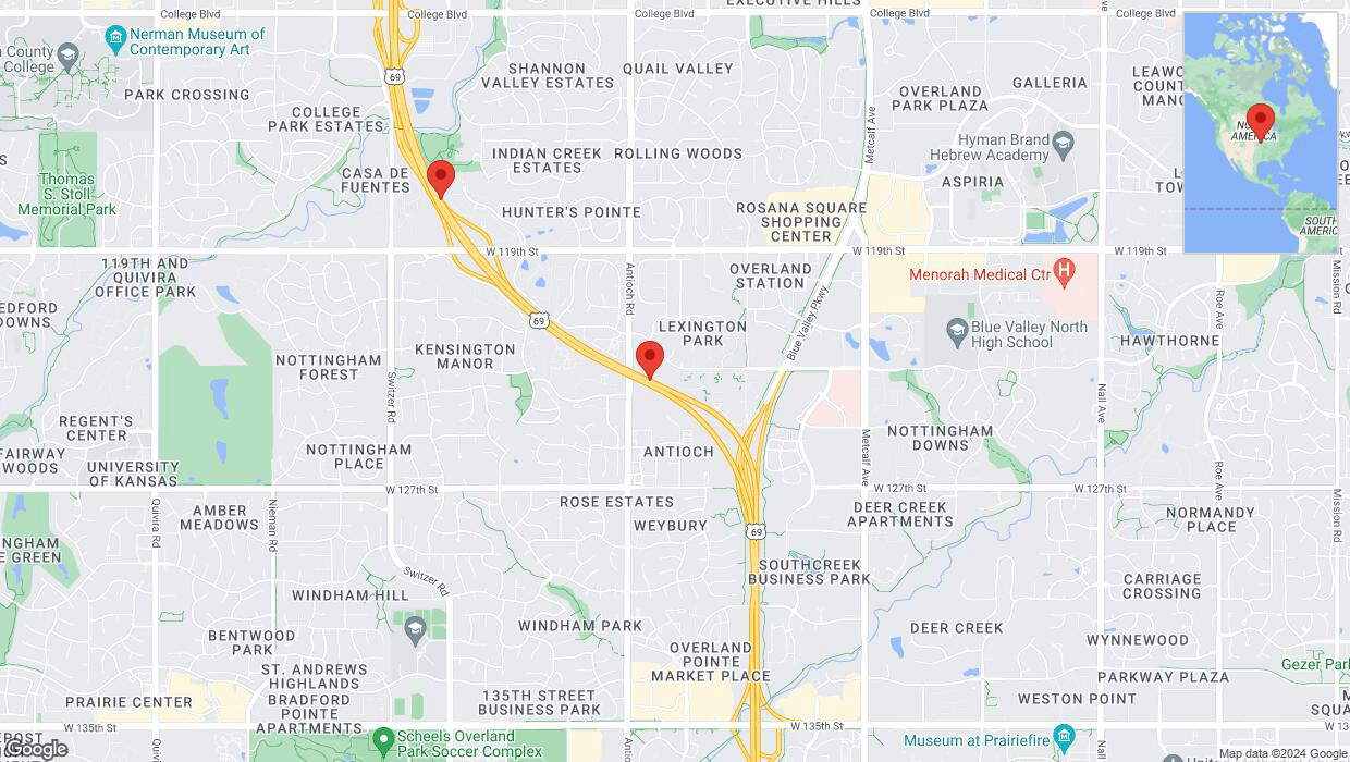 A detailed map that shows the affected road due to 'Lane on US-69 closed in Overland Park' on August 21st at 2:53 p.m.