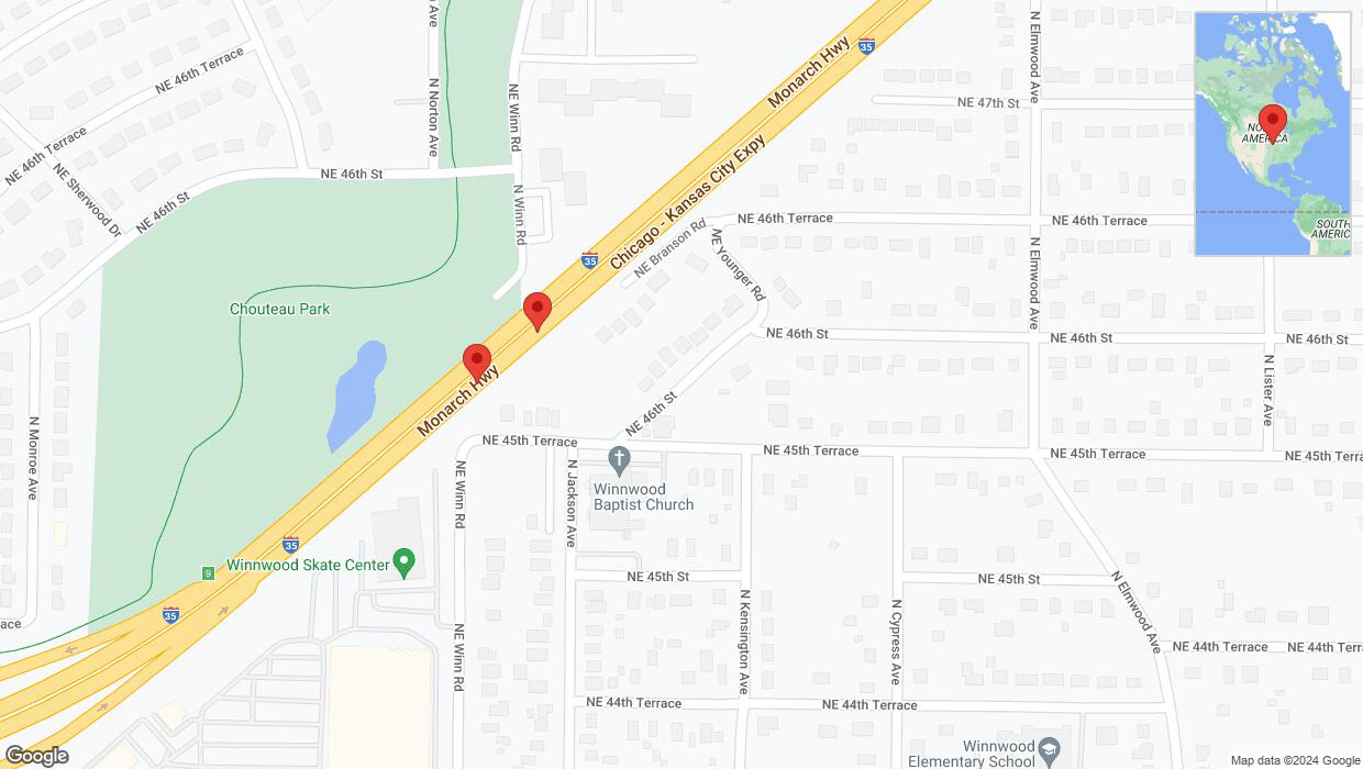 A detailed map that shows the affected road due to 'Broken down vehicle on northbound I-35 in Kansas City' on August 21st at 8:41 p.m.