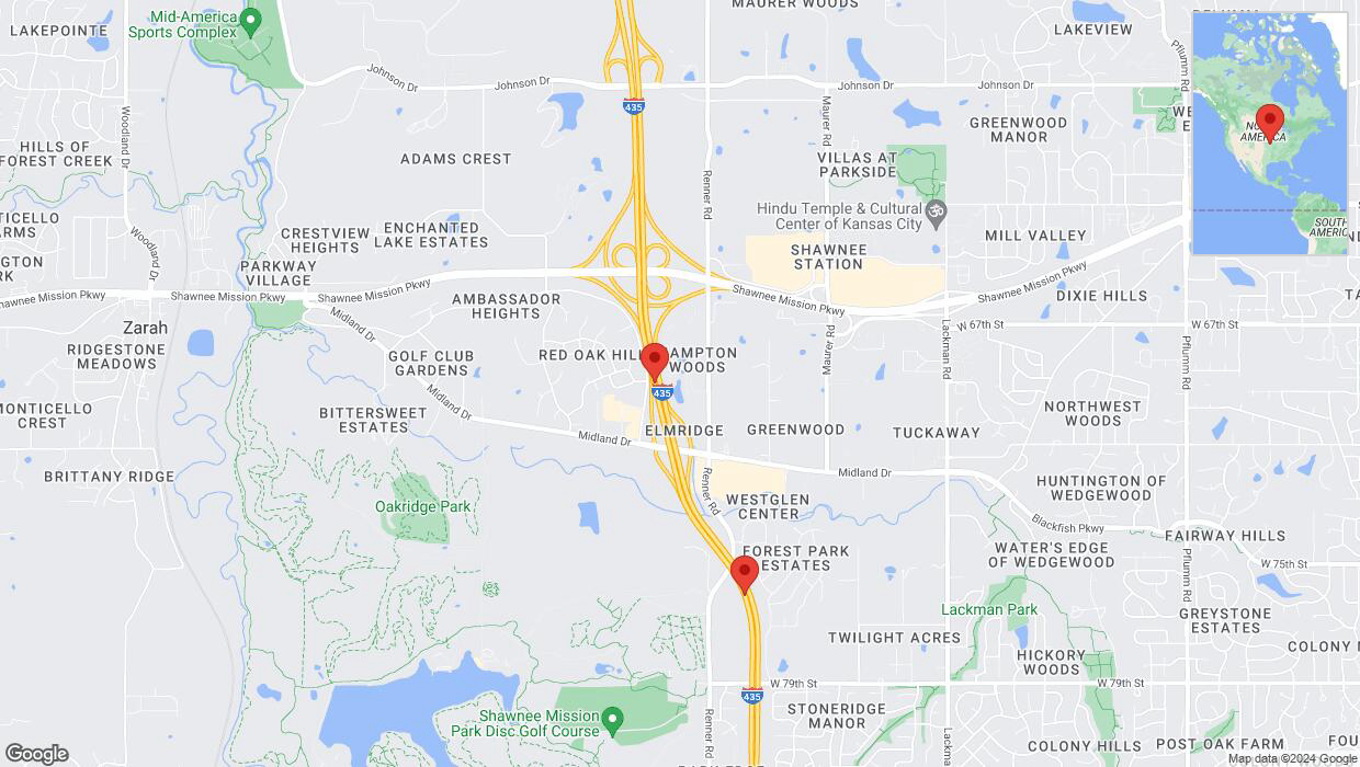 A detailed map that shows the affected road due to 'Lane on I-435 closed in Shawnee' on August 23rd at 5:56 p.m.