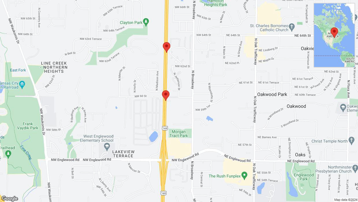 A detailed map that shows the affected road due to 'Broken down vehicle on northbound US-169 in Kansas City' on August 22nd at 12:10 p.m.