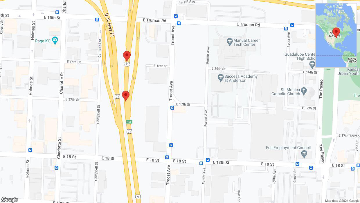 A detailed map that shows the affected road due to 'Broken down vehicle on northbound US-71 in Kansas City' on August 23rd at 4:10 p.m.