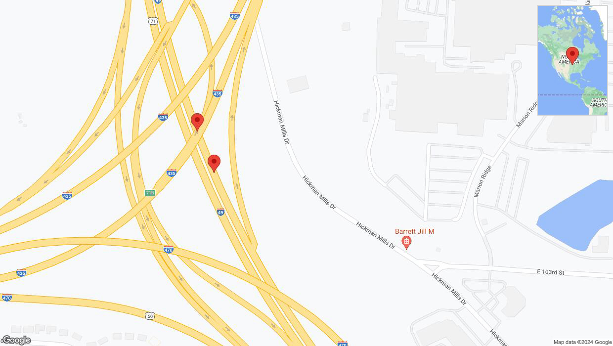A detailed map that shows the affected road due to 'Broken down vehicle on northbound I-40/US-71 in Kansas City' on August 22nd at 7:10 p.m.