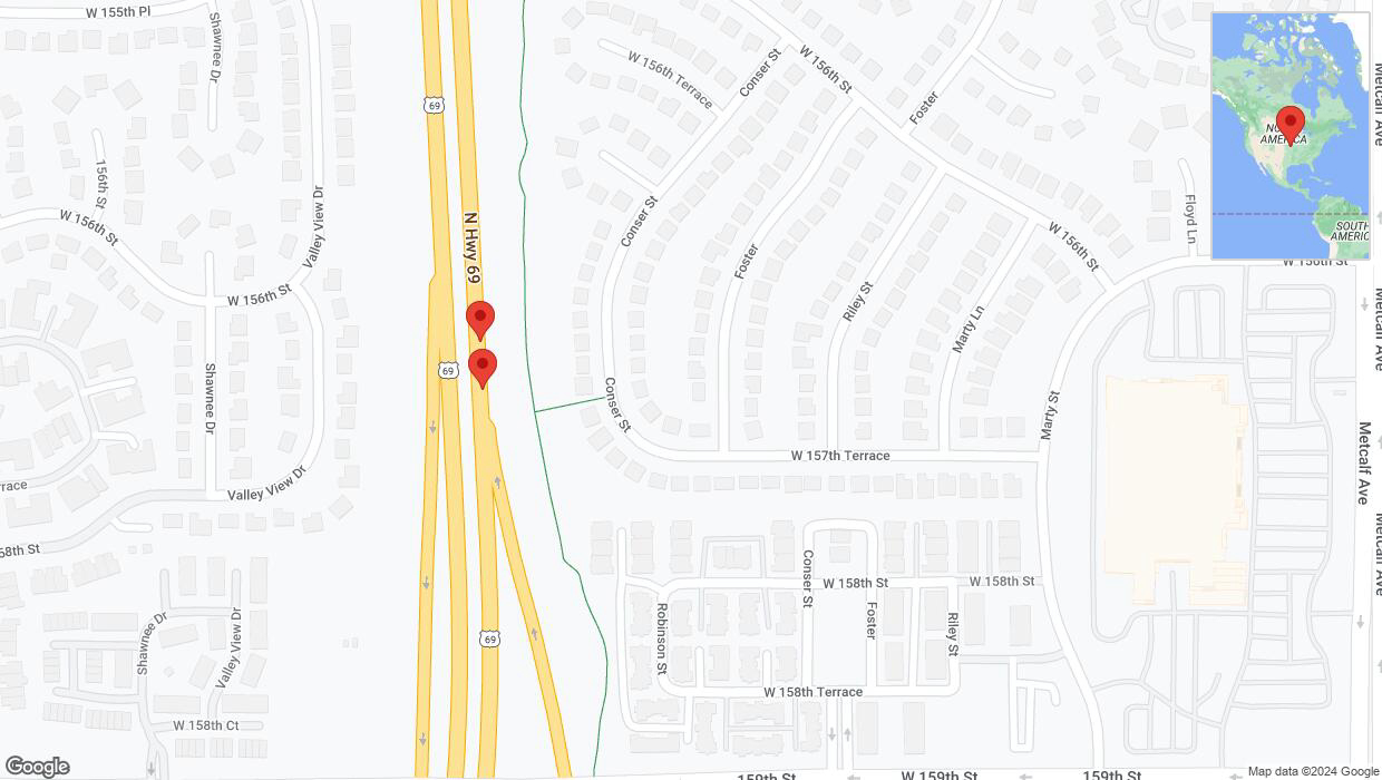 A detailed map that shows the affected road due to 'Broken down vehicle on northbound US-69 in Overland Park' on August 22nd at 8:40 p.m.