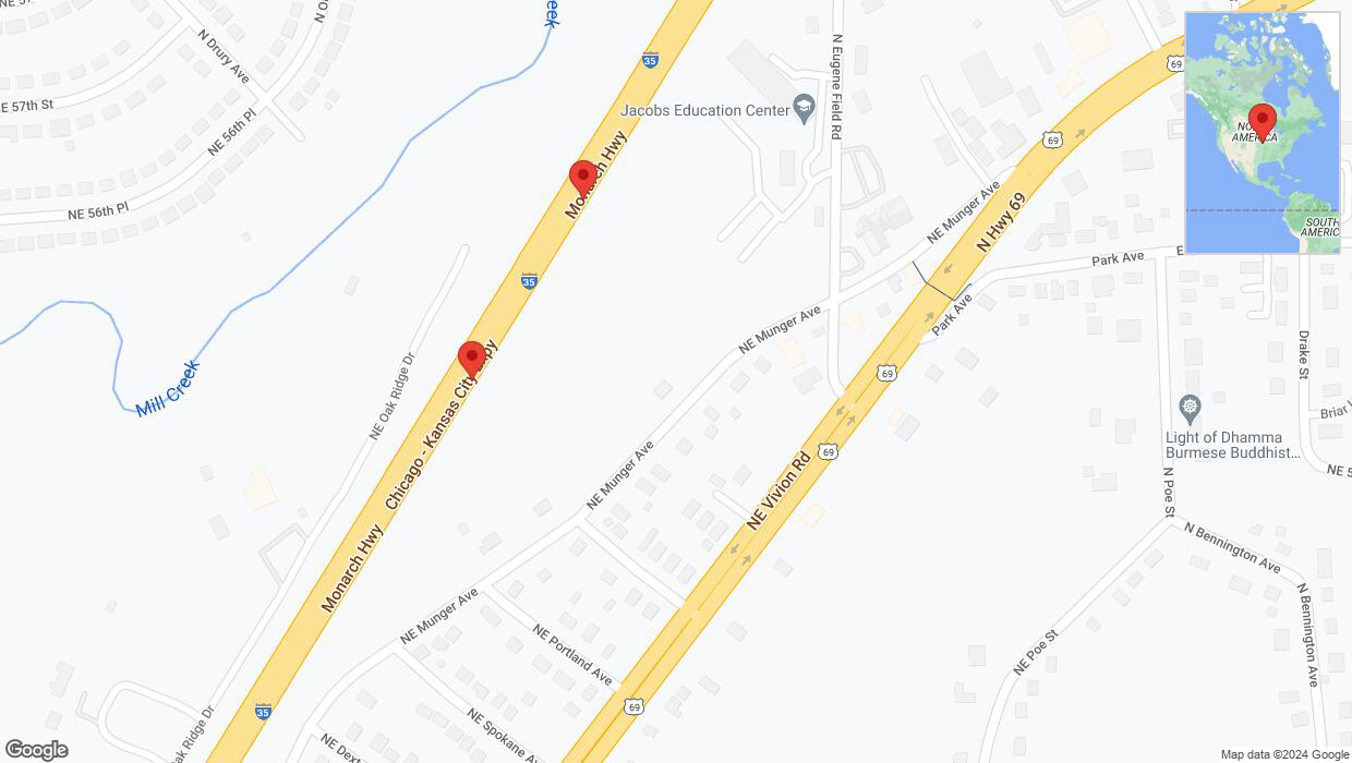 A detailed map that shows the affected road due to 'Broken down vehicle on northbound I-35 in Kansas City' on August 23rd at 12:06 p.m.