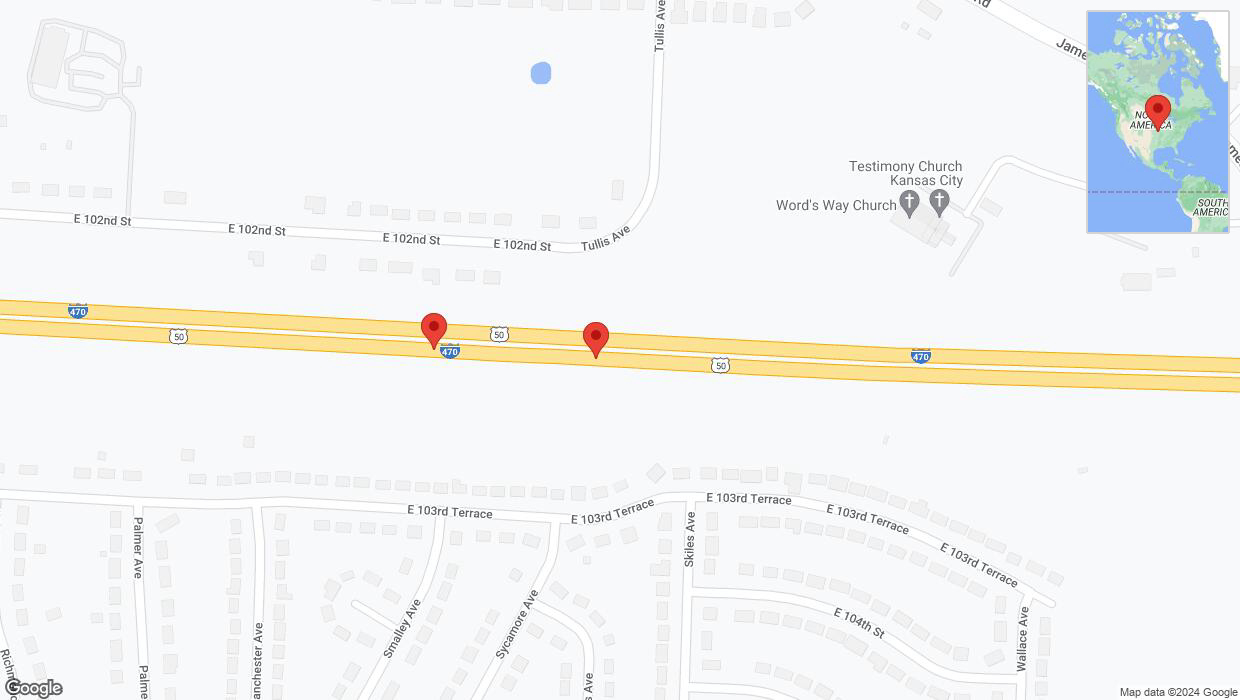 A detailed map that shows the affected road due to 'Broken down vehicle on eastbound I-470 in Kansas City' on August 23rd at 12:17 p.m.