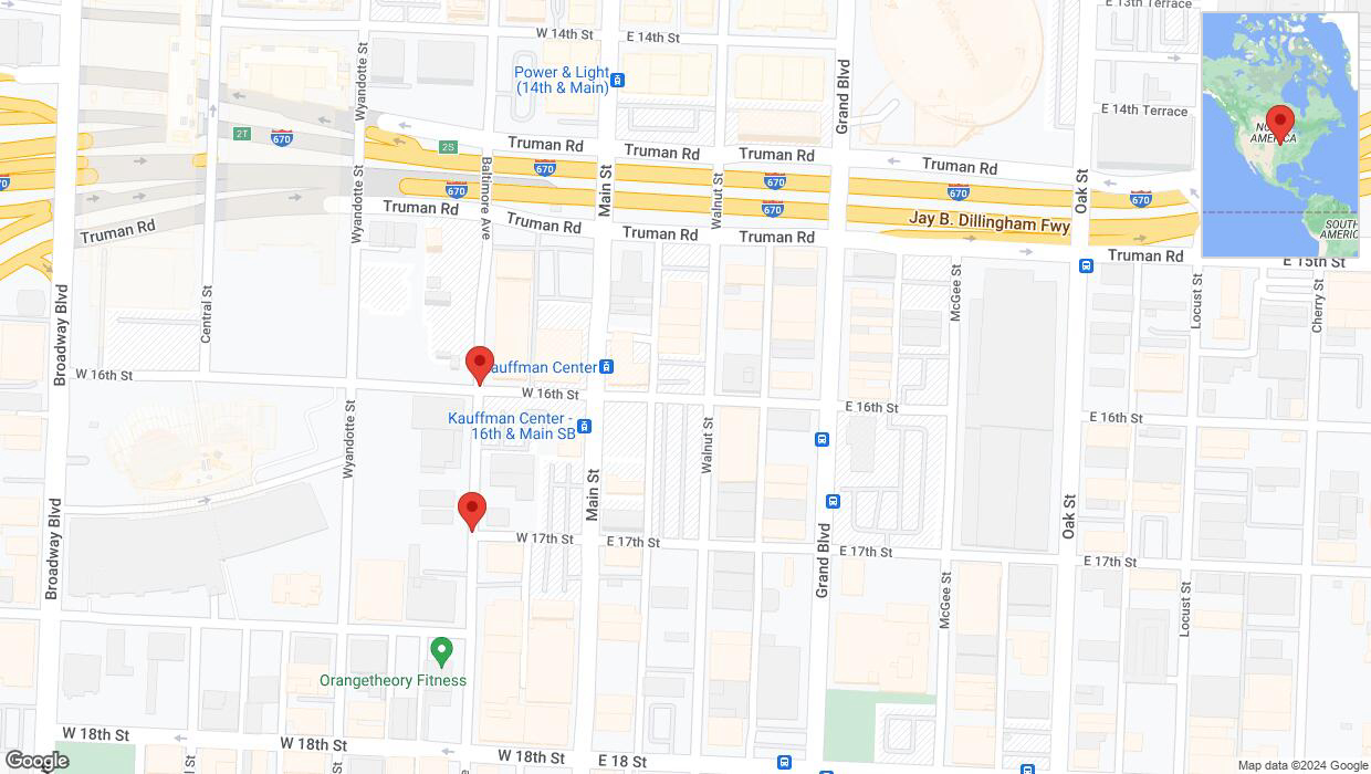 A detailed map that shows the affected road due to 'Baltimore Avenue closed in Kansas City' on August 23rd at 1:03 p.m.