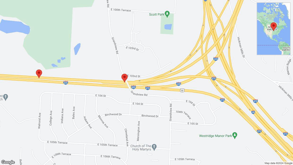 A detailed map that shows the affected road due to 'Broken down vehicle on southbound I-435 in Kansas City' on August 23rd at 1:38 p.m.