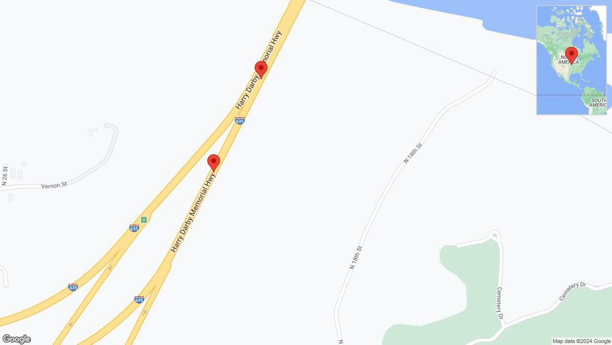 A detailed map that shows the affected road due to 'Broken down vehicle on northbound I-635 in Kansas City' on August 23rd at 2:07 p.m.