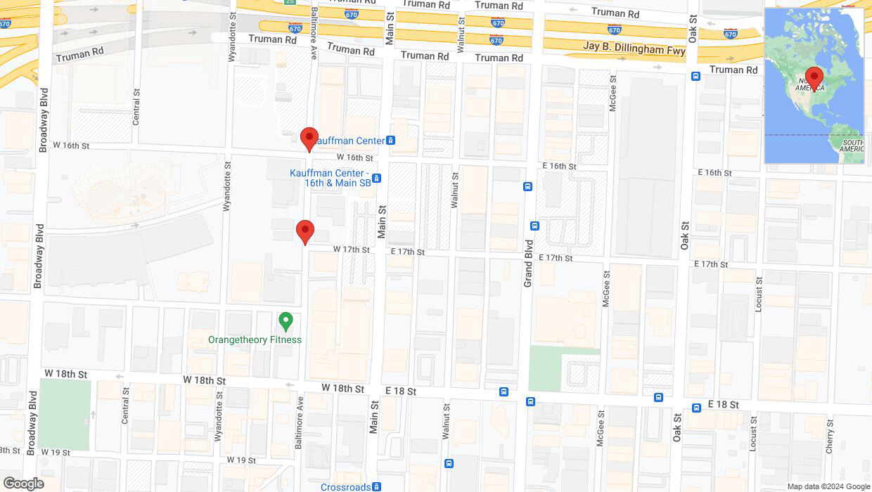A detailed map that shows the affected road due to 'Baltimore Avenue temporarily closed in Kansas City' on August 23rd at 1:44 p.m.