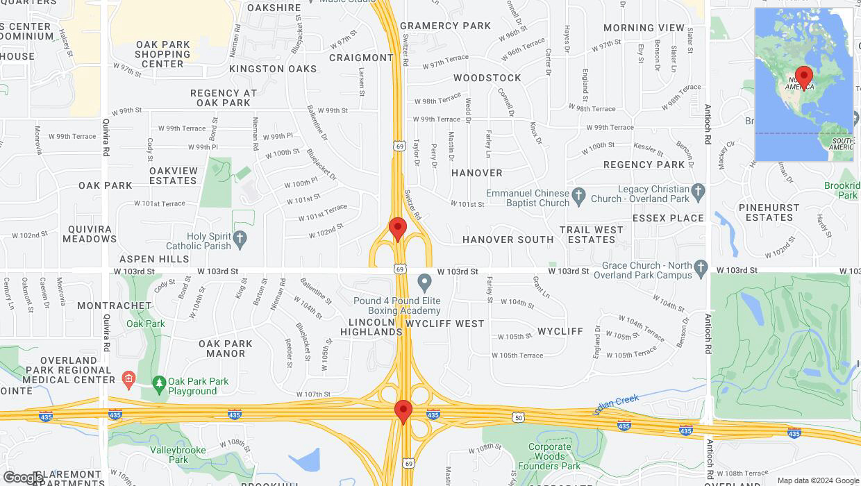 A detailed map that shows the affected road due to 'Lane on US-69 closed in Overland Park' on August 23rd at 1:55 p.m.