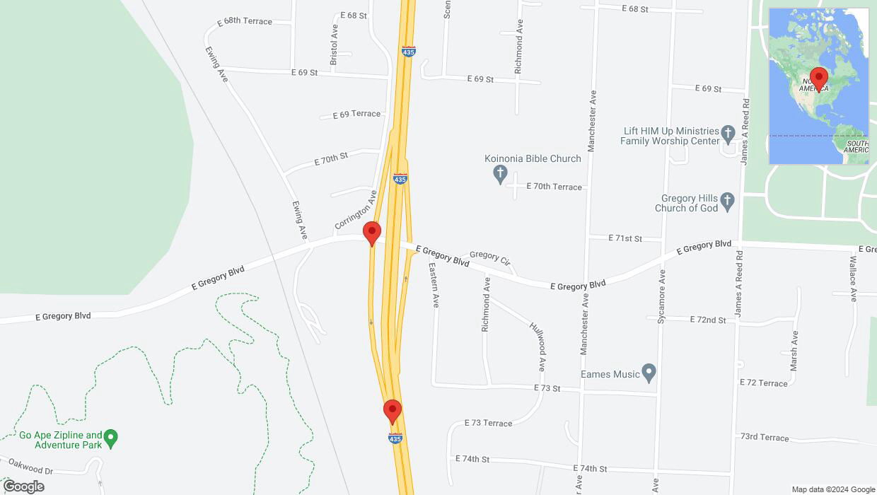 A detailed map that shows the affected road due to 'Broken down vehicle on Strupwood Court in Kansas City' on August 23rd at 2:53 p.m.