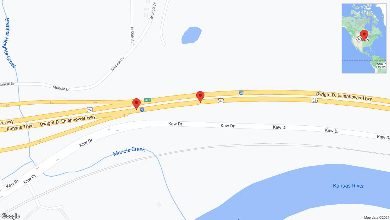 A detailed map that shows the affected road due to 'Broken down vehicle on eastbound I-70 in Kansas City' on August 23rd at 3:04 p.m.