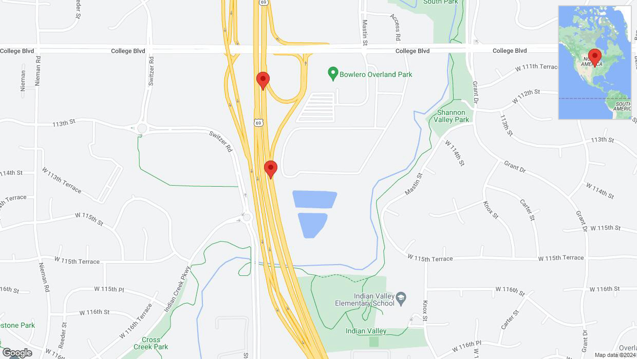A detailed map that shows the affected road due to 'Broken down vehicle on northbound US-69 in Overland Park' on August 23rd at 3:34 p.m.