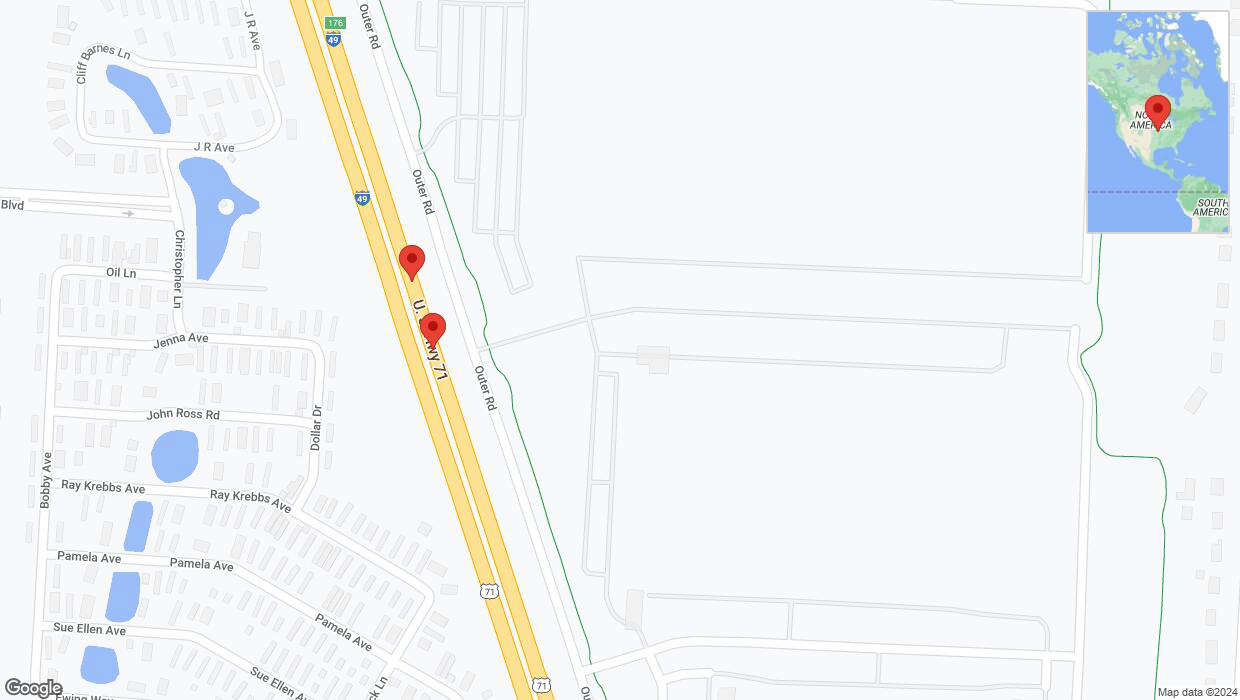 A detailed map that shows the affected road due to 'Broken down vehicle on northbound I-40/US-71 in Belton' on August 23rd at 3:52 p.m.