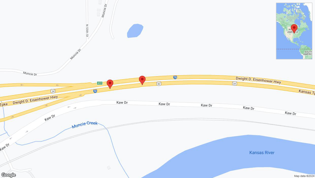 A detailed map that shows the affected road due to 'Broken down vehicle on eastbound I-70 in Kansas City' on August 23rd at 3:34 p.m.
