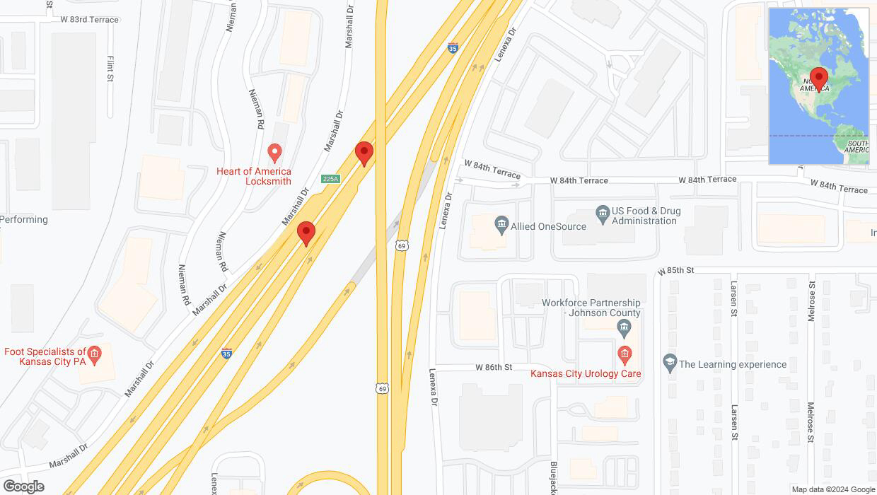 A detailed map that shows the affected road due to 'Warning in Overland Park: Crash reported on eastbound I-35' on August 23rd at 4:34 p.m.