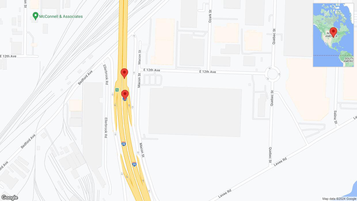 A detailed map that shows the affected road due to 'Broken down vehicle on northbound I-29/I-35 in North Kansas City' on August 23rd at 4:34 p.m.