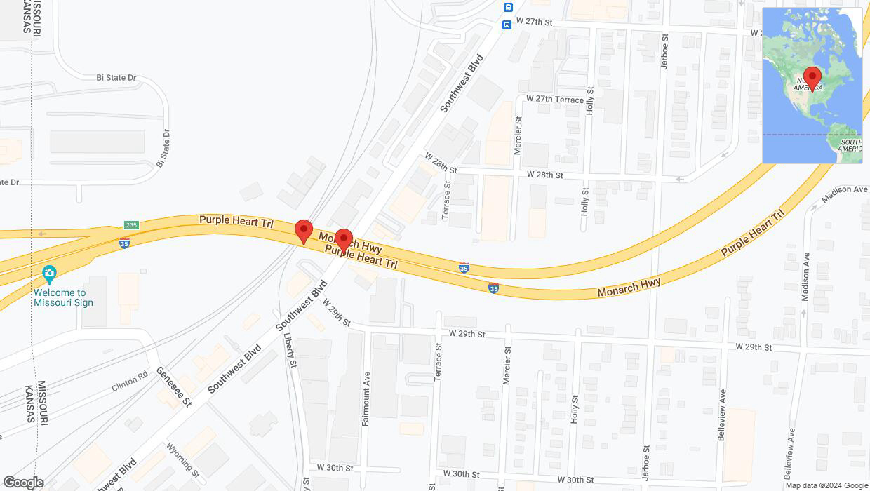 A detailed map that shows the affected road due to 'Broken down vehicle on northbound I-35 in Kansas City' on August 23rd at 5:03 p.m.
