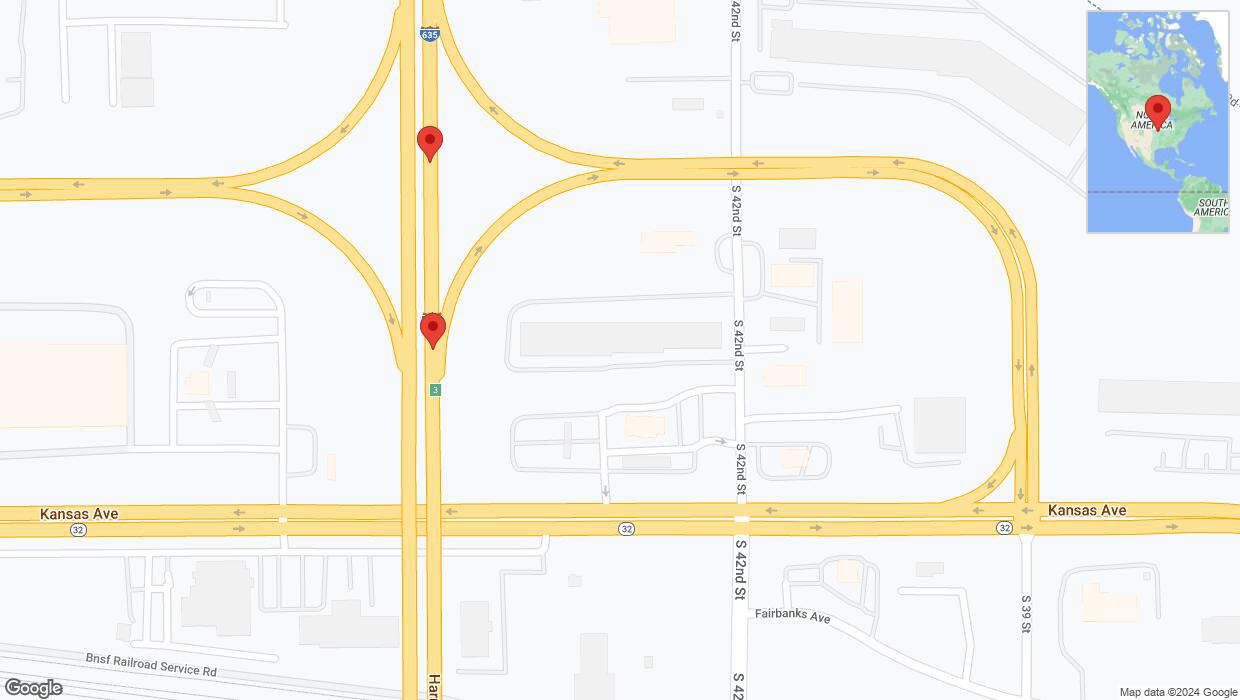 A detailed map that shows the affected road due to 'Broken down vehicle on northbound I-635 in Kansas City' on August 23rd at 7:54 p.m.