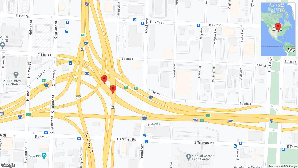 A detailed map that shows the affected road due to 'Broken down vehicle on eastbound I-70 in Kansas City' on August 23rd at 8:54 p.m.